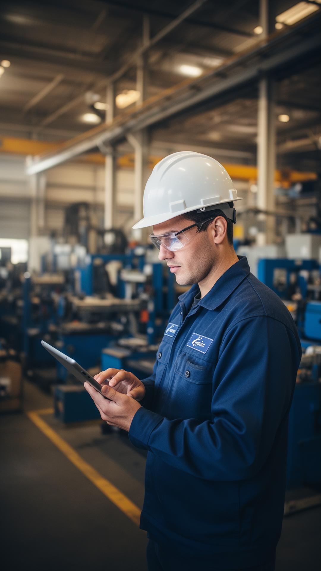 Ingénieur manufacturier consultant une tablette en usine